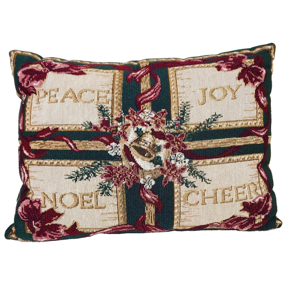 Christmas Tapestry Throw Pillow Peace-Joy-Noel-Cheer Holiday‎ Decor 16x11 Green